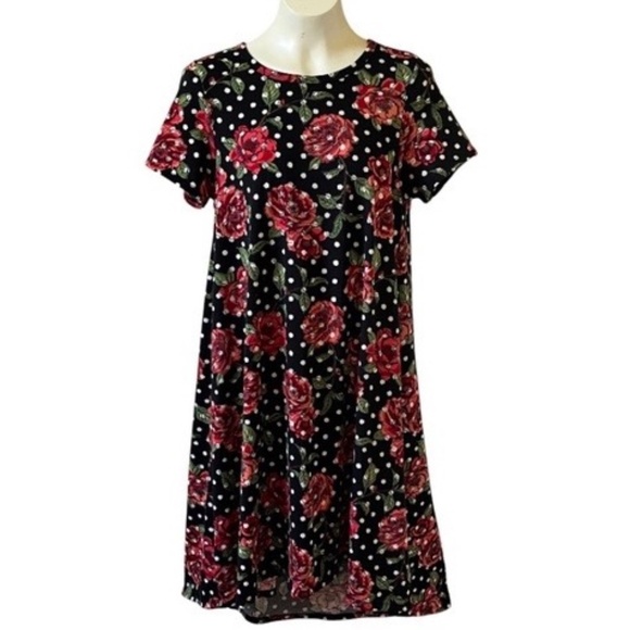 Lularoe Black White Polka Dots Red Roses Carly Swing Dress Medium High Low Hem - Picture 1 of 7